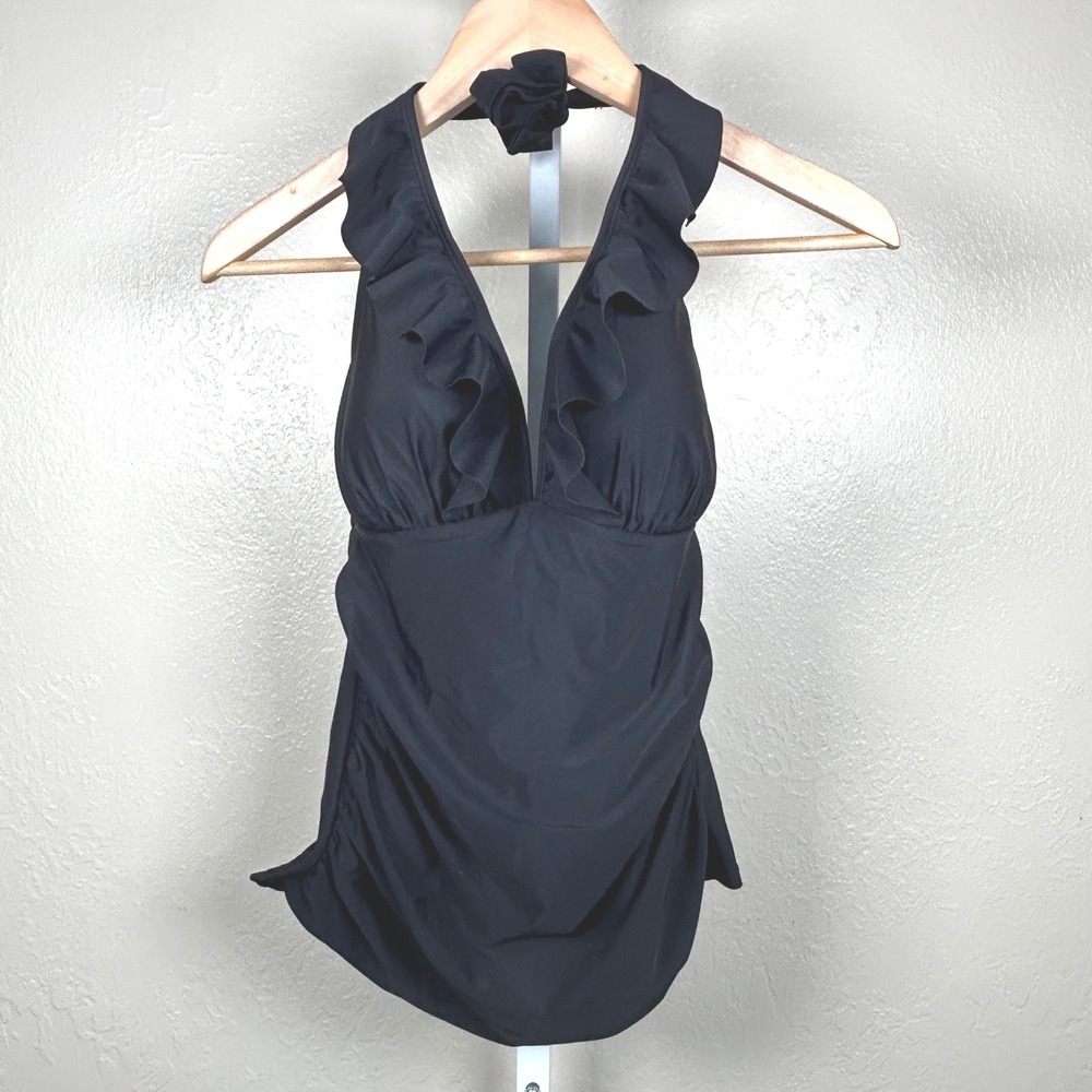 Ellen Tracy Tankini Top Black Womens Size 8 Ruffle Halter Ruched Swimwear EUC